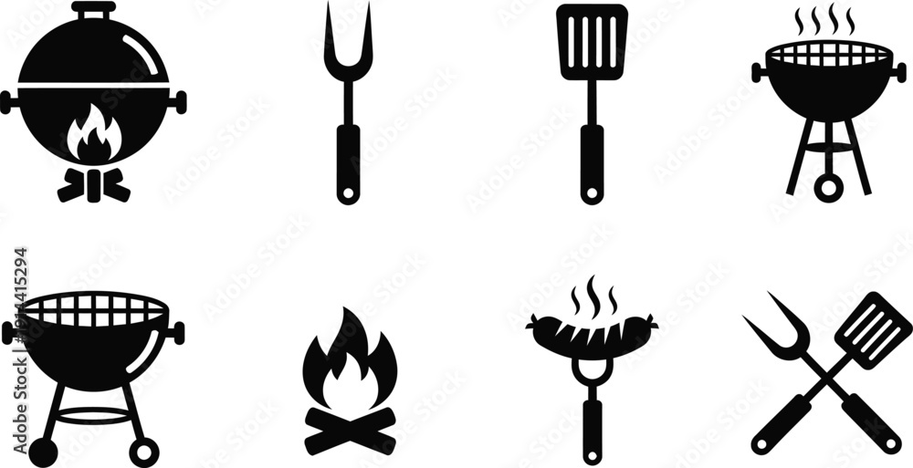 Naklejka premium Barbecue icons set with grill equipment and cooking tools including spatula fork and fire flames in flat silhouette style for summer picnic party and outdoor food preparation vector collection