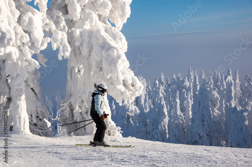 Woman downhill skiing in Lapland Finland
