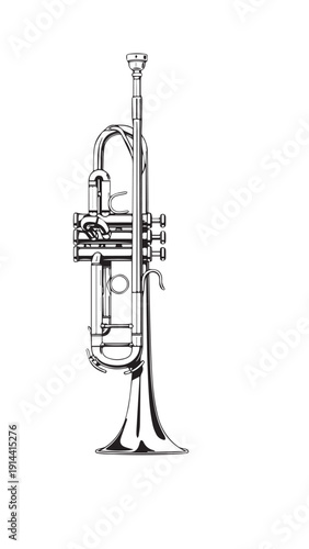 A classic brass trumpet standing upright with a polished metal finish on a white background.