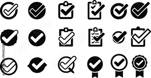Check mark icons set with various checkmark symbols and clipboard signs in flat black style for task management and approval confirmation on isolated transparent square background vector design