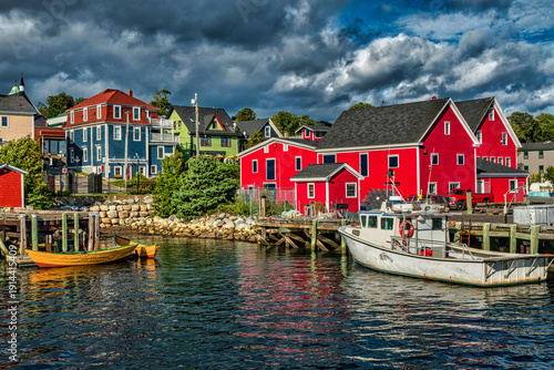 Colorful waterfront buildings along the harbor in Lunenburg