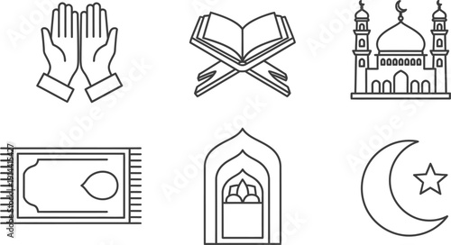 Set of six islamic line icons muslim prayer mat, prayer hands, quran book on stand, mosque, prayer rug and crescent moon with star