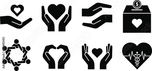 Collection of black silhouette icons symbolizing charity support and healthcare initiatives featuring hands hearts and medical symbols on transparent background vector set