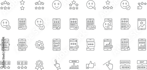 Customer feedback and rating icons set with stars and emoticons in thin line style for user review and online reputation management on isolated transparent background grid vector illustration