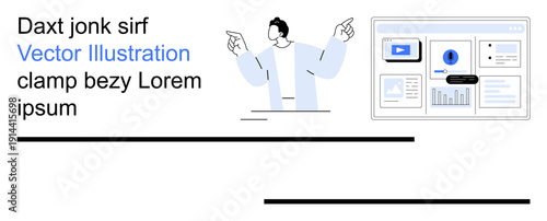 Data analysis, teamwork, virtual collaboration, online business tools, presentation design, information systems. Person pointing towards a digital business dashboard with charts. Data analysis