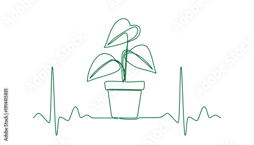 One Continuous Line Drawing of Potted Plant between heartbeats. Minimal Botanical Line Art