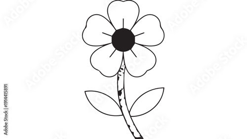Minimal black and white line drawing of a single flower with five rounded petals and slender stem.