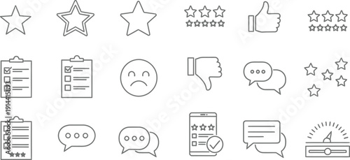Feedback and rating line icons set featuring stars thumbs up thumbs down speech bubbles checklist clipboard and sad face emoji for customer satisfaction survey and user experience review