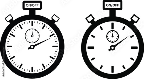 Black and white stopwatch icons featuring detailed dial with second markings and simplified version for time measurement sports training racing competition and accurate duration tracking tools