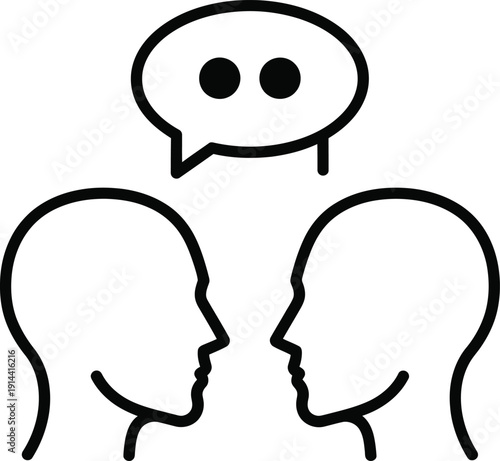 Human profile silhouettes facing each other with speech bubble symbol representing communication dialogue social interaction brainstorming meeting and verbal exchange between two individuals