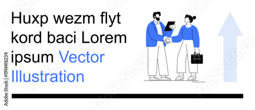 Business communication, teamwork, professional development, growth strategy, corporate networking, collaboration. Two professionals shake hands, one holding a briefcase. Business collaboration