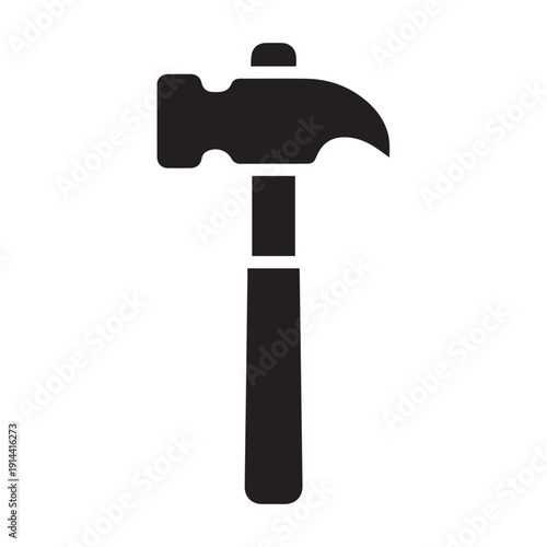 Illustration of a black hammer tool icon suitable for carpentry and industry usage.