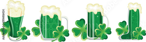 set of beer in glasses of different shapes and four-leaf clover leaves near them, design for St. Patrick's Day, for social networks, coupons or certificates