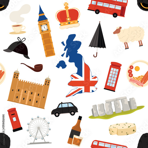 British culture icons including Big Ben, crown, double-decker bus, map, and traditional foods arranged in a seamless repeating pattern for UK themed projects vector illustration
