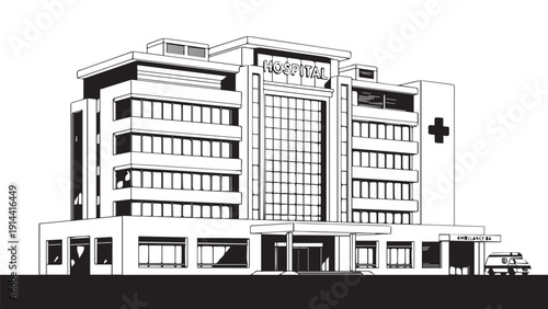 Modern multi story hospital building with a prominent entrance and cross symbol.