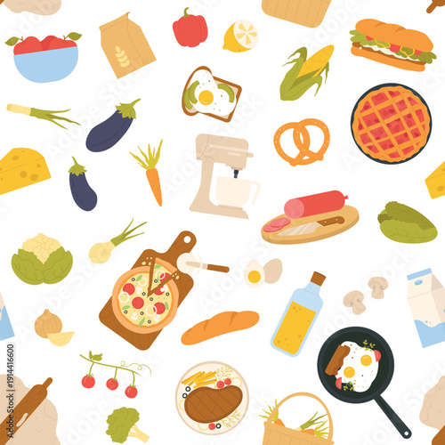 Seamless pattern featuring various cooking ingredients, kitchen utensils, vegetables, bread, cheese, and prepared meals, isolated on white background vector illustration