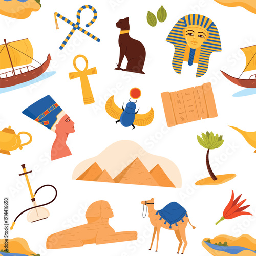 Egyptian culture icons including pyramids, pharaoh mask, sphinx, scarab, ankh, and boats arranged in a seamless repeating pattern, isolated on white background vector illustration