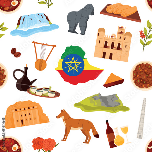 Traditional Ethiopian food, wildlife, landmarks, coffee, and national symbols arranged in a seamless pattern, highlighting Ethiopia rich culture and heritage, isolated on white background vector
