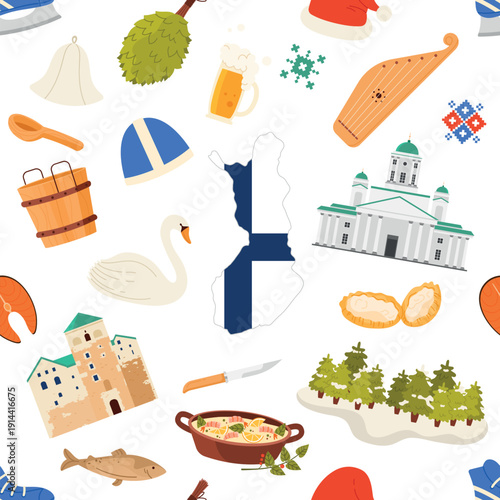 Traditional Finnish icons, food, landmarks, and national symbols arranged in a seamless pattern, highlighting Finland culture and heritage on white background vector illustration