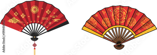 Elegant red and gold Chinese folding fans adorned with traditional patterns, perfect for cultural events and decor.