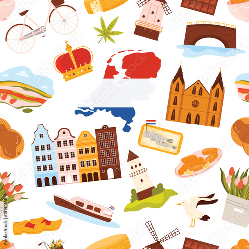 Dutch icons including windmills, cheese, tulips, houses, and map of Netherlands arranged in a colorful seamless pattern, ideal for travel and culture themes vector illustration