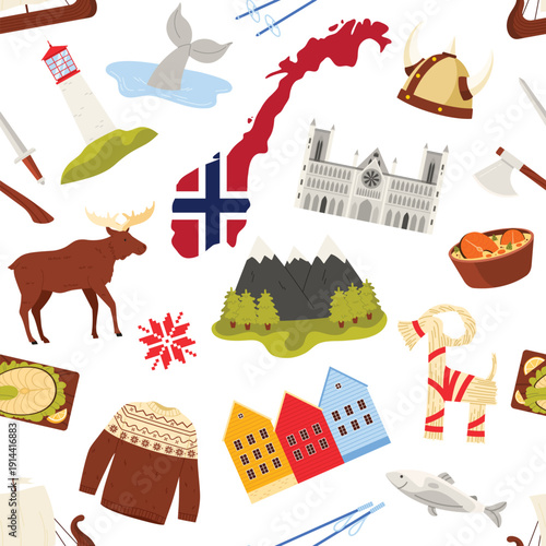 Traditional Norwegian icons including flag, Viking helmet, moose, mountains, food, and architecture arranged in a seamless pattern, isolated on white background vector illustration
