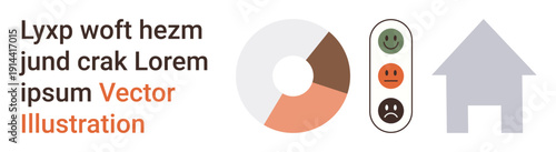 Data analysis, real estate, feedback systems, survey results, housing market, graphical interface. Circular chart, emotion-based feedback icons house symbol. Data analysis and real estate concepts