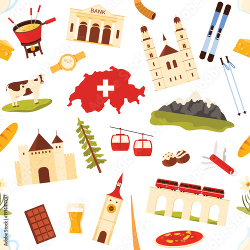 Swiss culture and travel elements including mountains, cheese, chocolate, trains, and landmarks arranged in a seamless pattern on white background vector illustration