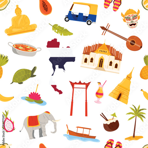 Traditional Thai elements including temples, food, fruits, tuk tuk, elephant, and map arranged in a seamless pattern for travel and culture themes vector illustration