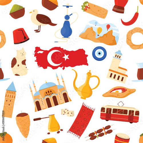 Traditional Turkish icons, food, landmarks, and cultural elements arranged in a seamless pattern, ideal for travel, cuisine, and heritage themes, isolated on white background vector illustration