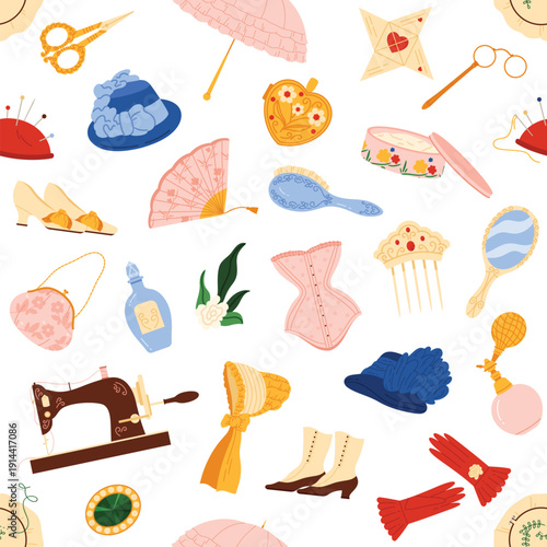 Vintage Victorian woman accessories including hats, gloves, corsets, shoes, fans, and sewing items arranged in a seamless repeating pattern on white background vector illustration
