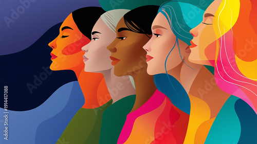 Colorful artistic depiction of four abstract female profiles with varied skin tones hairstyles, diversity unity representing, multicultural women visualization, with copy space