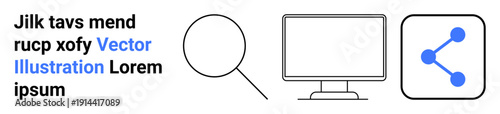 Digital marketing, online search, social media, data sharing, technology, and web navigation. Computer, magnifying glass and share symbol featured. Digital marketing and online search concept