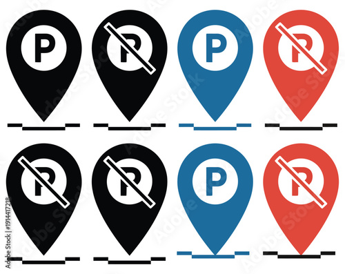 Parking and no parking vector icon set featuring map location markers, prohibition road signs, and traffic restriction symbols, perfect for urban maps, navigation apps, public spaces
