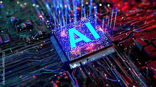Advanced Glowing GPU Chip with AI Letters . Next-generation Artificial Intelligence Acceleration Card for Powering High-Performance Computing inside Data Centers and Supercomputers