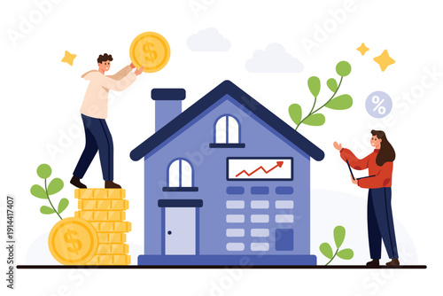 Real estate value growth, home price calculation, investment planning, and property market analysis with people, coins, and house isolated on white background vector illustration