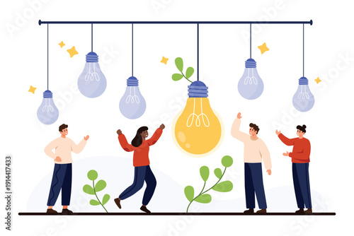 People celebrating new idea with glowing lightbulb symbolizing innovation teamwork creativity discovery and brainstorming for business success isolated on white background vector illustration