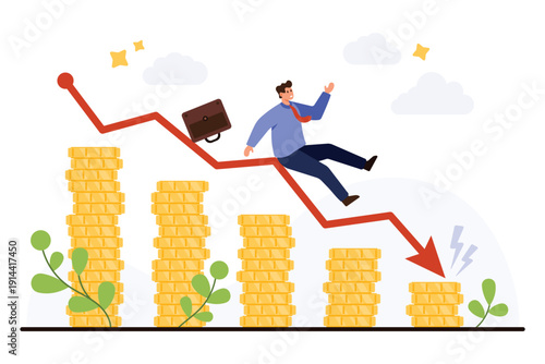 Economic downturn concept with businessman sliding down red arrow over decreasing coin stacks, symbolizing inflation, crisis, and financial loss isolated on white background vector illustration