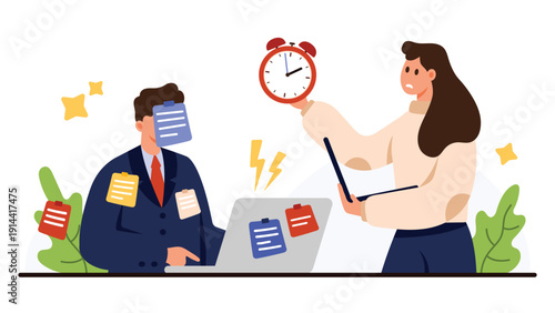 Office workers overwhelmed by tasks and deadlines, multitasking with laptops, documents, and clock symbolizing stress, burnout, and workplace overload isolated on white background vector illustration
