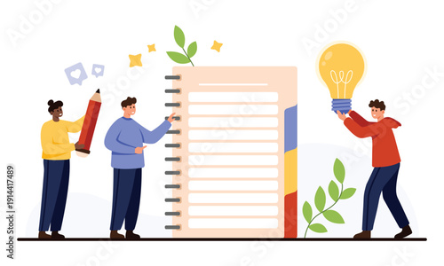 Creative team brainstorming and writing down ideas in a large spiral notebook concept for journaling, note taking, and productivity isolated on white background vector illustration