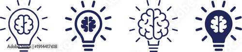 Creative ideas and inspiration symbolized by light bulbs with brain icons in a row representing innovation and problem-solving concepts