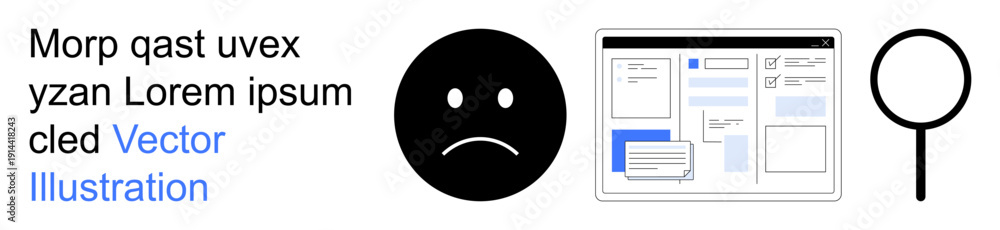 Fototapeta premium Problem-solving, user experience, feedback collection, digital tools, search process, error detection. Sad face icon, interface layout magnifying glass. Problem-solving and user experience concept