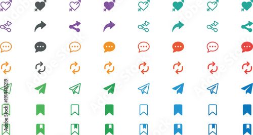A collection of various colorful icons representing different actions and symbols arranged in a grid pattern on a neutral background, viewed from directly above