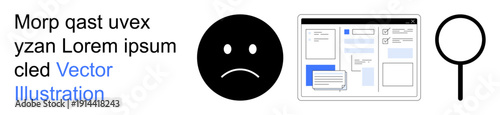 Problem-solving, user experience, feedback collection, digital tools, search process, error detection. Sad face icon, interface layout magnifying glass. Problem-solving and user experience concept