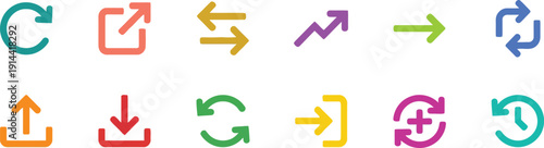 A set of colorful arrows and symbols in various directions and shapes, illustrating multiple concepts and ideas in a graphic illustration format viewed from a straightforward perspective.