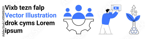 Teamwork icon with group on gear, man holding video tutorial, and plant symbolizing growth. Ideal for business, education, teamwork, leadership, digital learning, innovation simple landing page