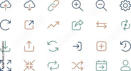 Collection of twenty-four modern icons representing various actions and elements in teal and orange on a clean white background from a straightforward viewpoint