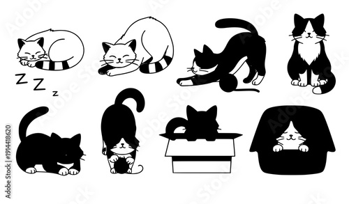 Adorable cartoon cats bundle sleeping playing stretching vector set