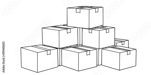 set of cardboard boxes line art, black outline, vector and illustration, coloring book page line art drawing
