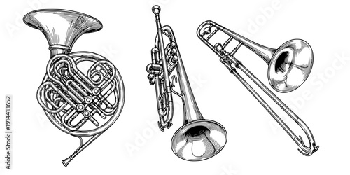 Detailed illustration of three different brass instruments on white background
